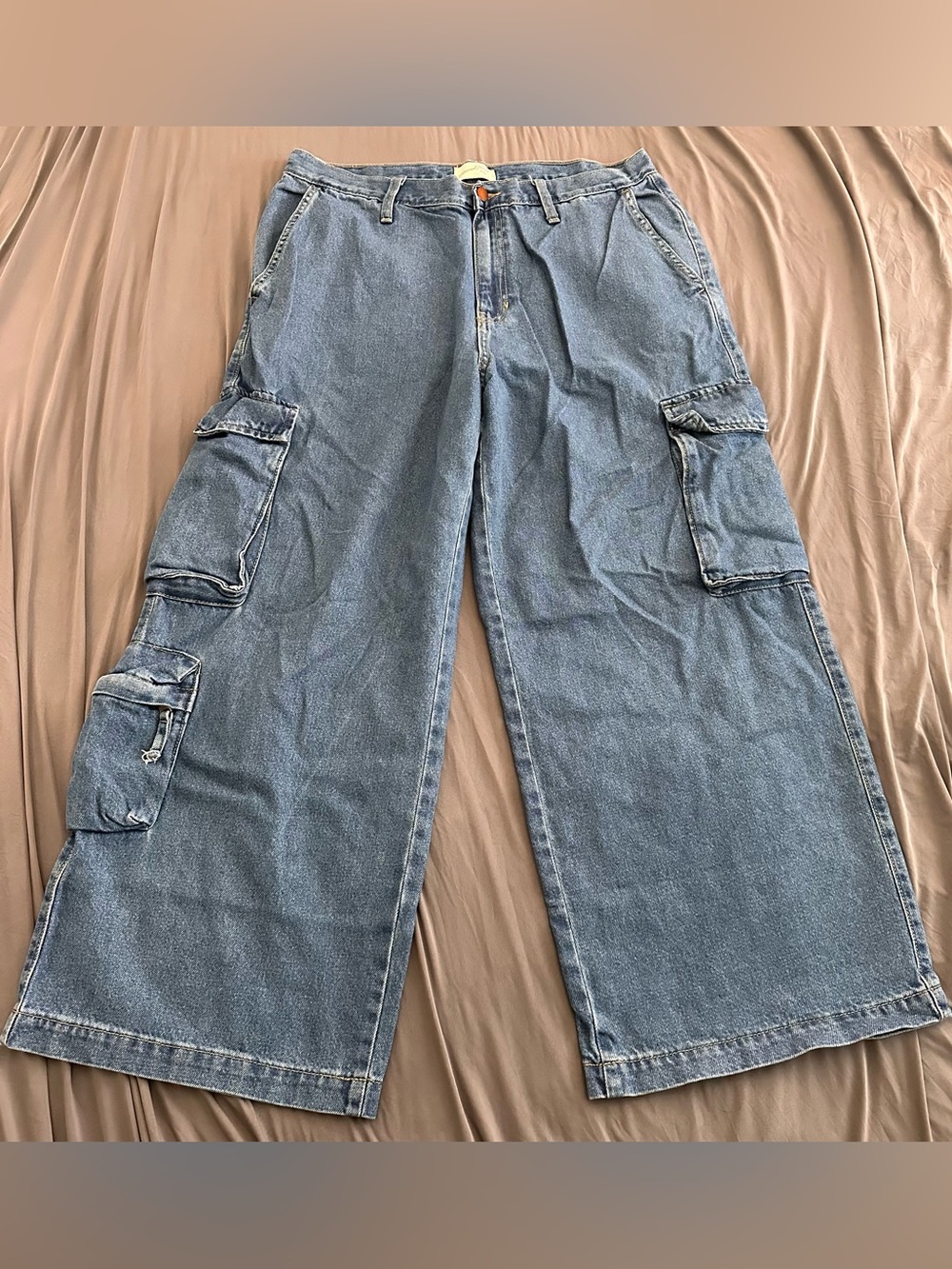 Women’s Blue Denim Cargo Jeans Wide Leg